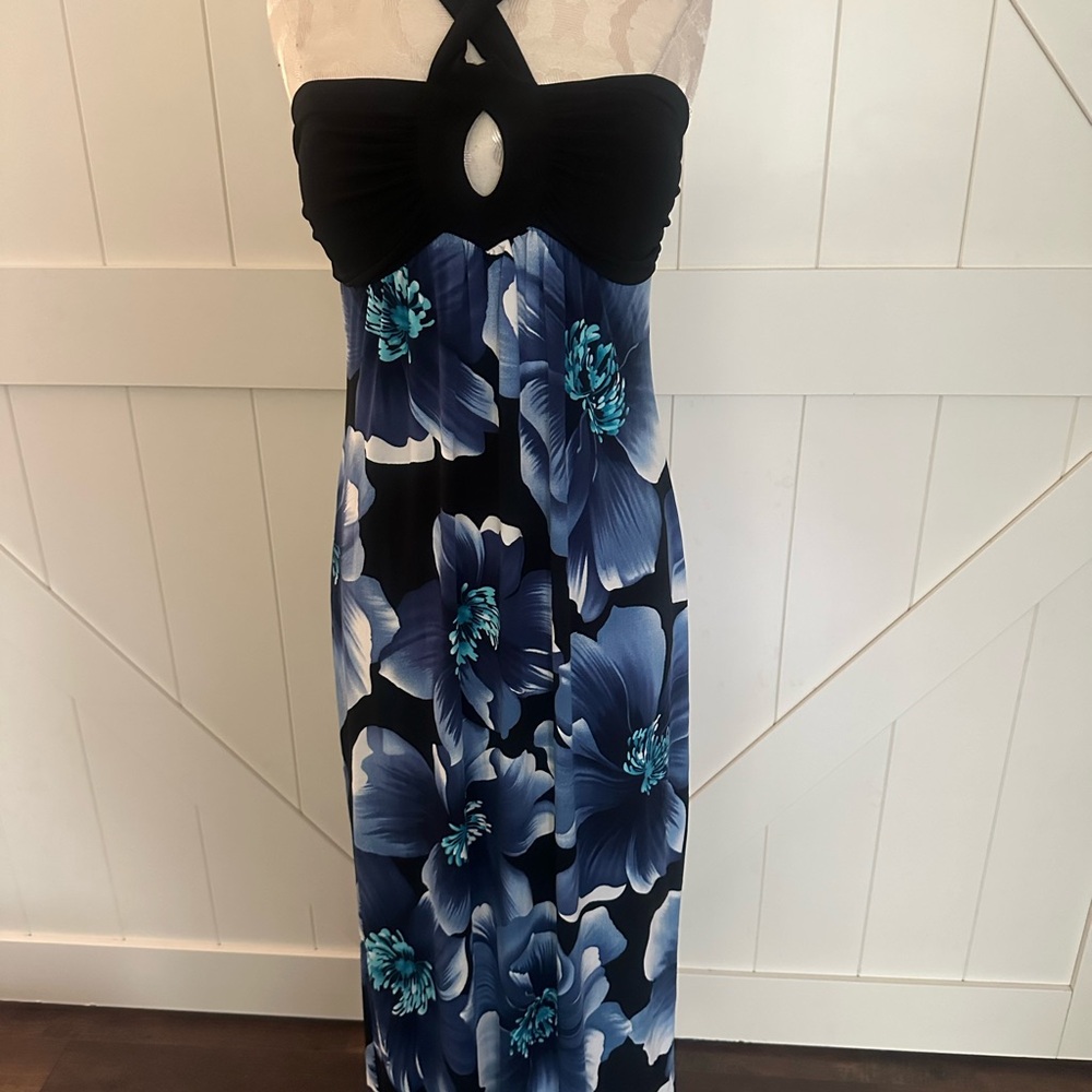 Floral Maxi Dress with Blue and Black Design